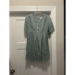 Vintage Kathy Lee Green Floral Front Button  Babydoll Dress Women’s Size Large